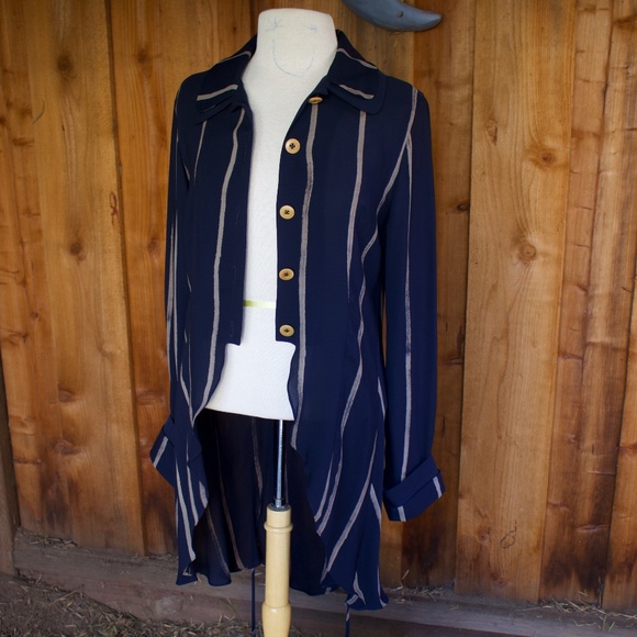 Catherine Bacon 100% Silk Blue & White Stripe Double Collar High Low Blouse XS - Picture 3 of 17